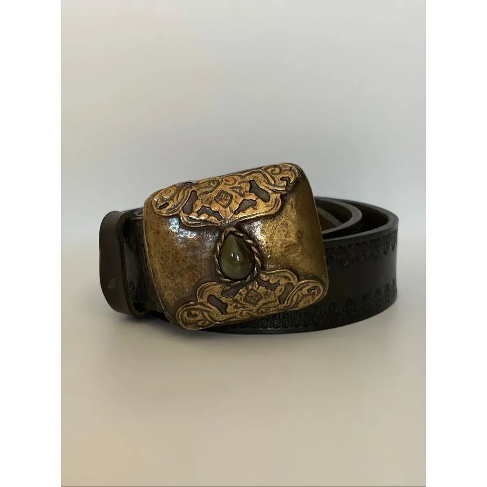 Töpfer Leather Belt with Ornate Jewel Buckle – Deep Dark Green Size 85